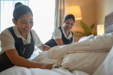 A cheerful Latina maid and her female co-worker are seen making the bed in a hotel room, exuding positivity and teamwork.