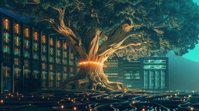 Tree growing in a data center, illustration for green ecological data server storage, sustainable internet network, cloud technology, eco tech, concept of digital economy powered by renewable energy