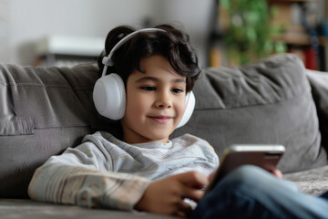 A cheerful Latino boy, with big white headphones, uses his smartphone to listen to an online...