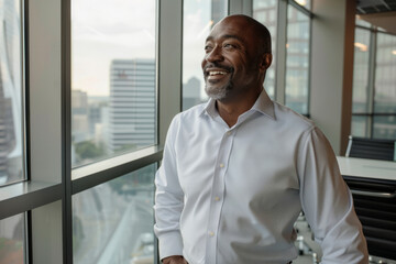 Fototapeta premium A contemplative African-American middle-aged man stands in a skyscraper office boardroom, smiling while looking out the window at the urban landscape. 
