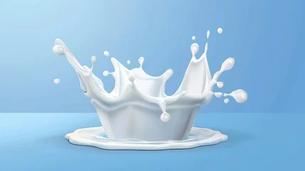 Selbstklebende Fototapeten Swirl of milk or cream in a crown splash with flying drops, for packaging design, isolated on blue background. © Mark