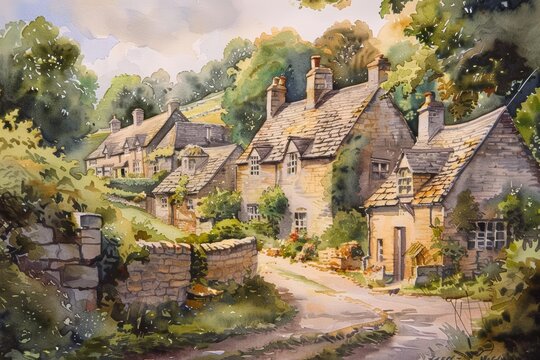 A quaint village depicted in watercolor, with light washes creating the textures of old stone cottages and the vibrant greens of surrounding gardens
