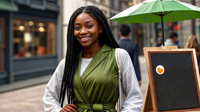smiling afro woman with braided hair outside her establishment next to blackboard for mock up