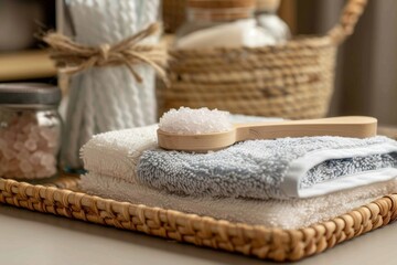 Fototapeta na wymiar Close-up of a woven tray holding a stack of fluffy towels, a woven loofah, and a glass jar of bath salts with a wooden scoop