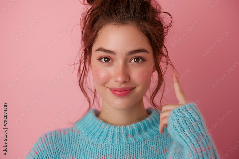 Wall mural portrait of a brunette girl with pink cheeks, pointing with index finger up, pink gradient isolated 