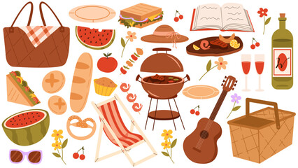 Flat vector illustration set for a picnic. Set. Summer picnic and outdoor recreation. Vector elements