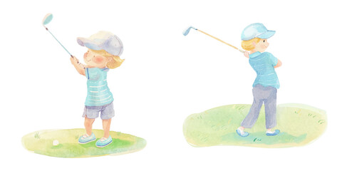 cute kid playing golf watercolor vector illustration