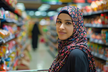 Obraz premium A dedicated Arab woman enjoys grocery shopping at the supermarket, taking pleasure in the process of selecting items and exploring different sections