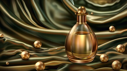 Fototapeta na wymiar Stunning poster displaying luxury fragrance packaging for lotion or serum on green satin cloth drapery, with gold pearls. The image shows a perfume bottle on an olive green silk fabric folded