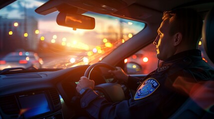 Male policeman driving a car.  Law enforcement concept
