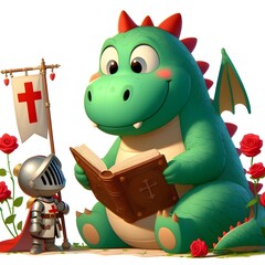 Children's illustration of a dragon and a knight reading a book