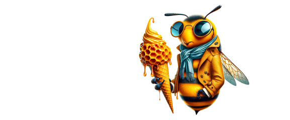 Fashion funny Bee in sunglasses hold honey ice cream. May 20, World bee day concept - 792874913