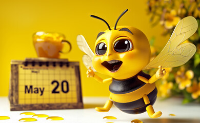 Cheerful Bee Flying Near Calendar and honey pot on yellow background. May 20, World bee day concept - 792874922