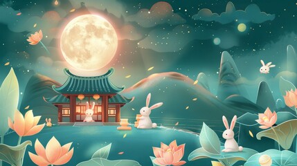 A hand-drawn illustration depicting bunnies celebrating and decorating a mooncake house for the Mid Autumn festival. Translation: Mid Autumn. August 15th. - Powered by Adobe