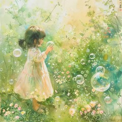 A whimsical portrayal of a little girl chasing bubbles in a garden, her laughter almost audible among the light greens and pastel flowers