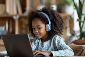 A delighted African-American girl, donning wireless headphones, immerses herself in a learning webinar and online lecture on her laptop.