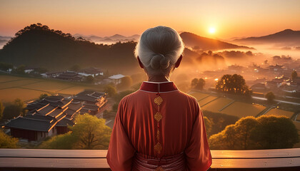 Tranquil Serenity: Captivating Sunset View with a Woman in a Red Kimono Contemplating the Serene Cityscape, Perfect for Inspiring and Calming Atmospheres