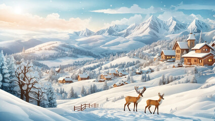 A snowy mountain landscape with two deer in the foreground and a village in the background - obrazy, fototapety, plakaty