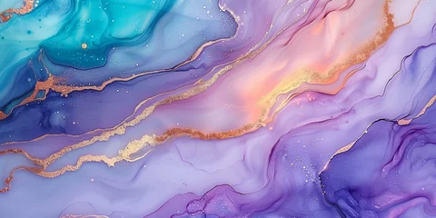 Foto op Canvas Elegant Fluid Art with Marble Effect - Blue and Purple Resin Art with Gold Veins for Luxurious Abstract Wall Decor © Mbrhan