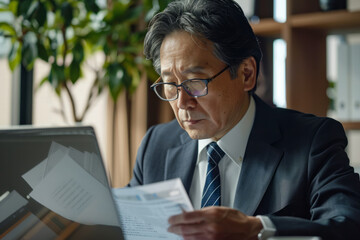 Fototapeta premium A focused Japanese corporate manager attentively examines paperwork while efficiently handling tasks on a laptop in the office, illustrating his diligence and proficiency in managing work
