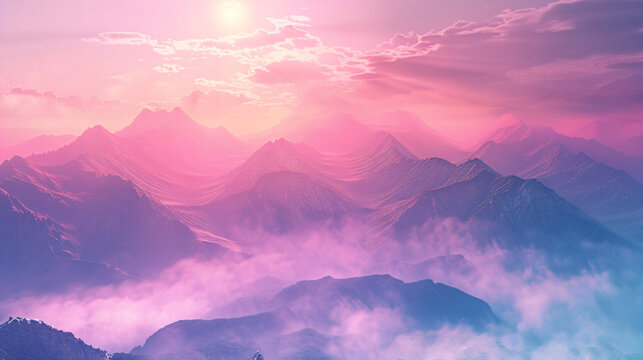 Beautiful mountains in the pink foggy sunset. 
