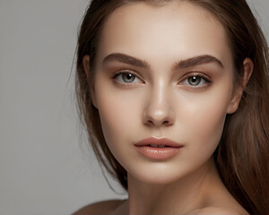 Naklejka premium Portrait beautiful young woman with clean fresh skin. Model with healthy skin, close up portrait. Cosmetology, beauty and spa 