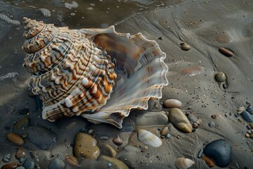 Hyperrealistic close-up of a seashell on the beach, emphasizing its intricate details and colors