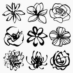 Handmade Ink Brush Flowers Vector Collection