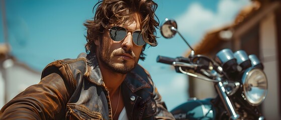 Portrait of a strong free male biker embodying adventurous rebellious spirit. Concept Adventure Lifestyle, Rebellious Spirit, Male Biker Portrait, Outdoor Photoshoot, Strong and Free