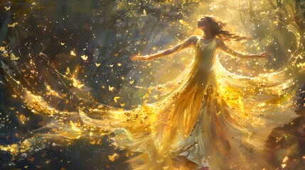 Mystical Fairy Maiden Dancing in Golden Forest Clearing with Shimmering Particles