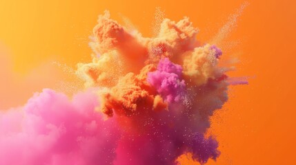 A 3D illustration of the colored powder with explosion effects on an orange background