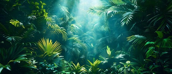 Fototapeta premium Imaginative digital rendering of a vibrant rainforest with varied plant life - perfect for an adventurous backdrop. Concept Jungle Setting, Vibrant Foliage, Digital Rendering, Adventure Backdrop