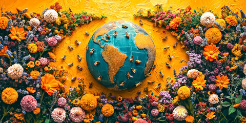 Bees around a floral globe, symbolizing global biodiversity and the essential role of pollinators in our ecosystem. May 20, World bee day concept - 792876764
