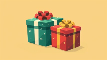Two Christmas gift boxes illustrated in flat style on a yellow background