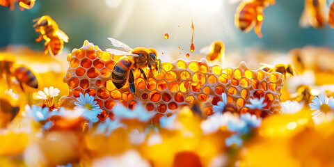 Bee at Work on Golden Honeycomb.  May 20, World bee day - 792876793
