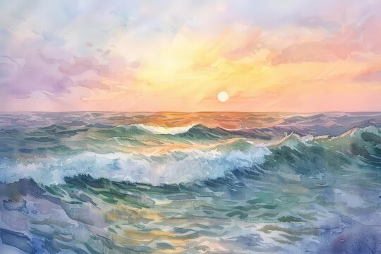 Delicate hues of a setting sun paint the horizon in a watercolor seascape, where gentle oranges and pinks meet the soft purples of the twilight sea