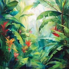 Gentle strokes bring to life a lush tropical scene, where light greens and bright floral colors capture the vibrant, humid atmosphere of a rainforest - obrazy, fototapety, plakaty