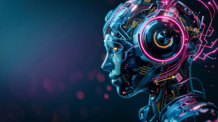 An artificial intelligence robot with headphones and colorful glowing elements on a dark background