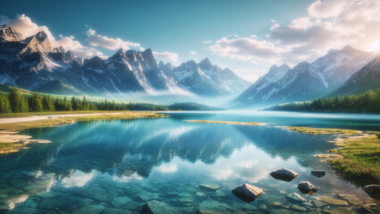 beautiful mountain lake with blue water surrounded by snow-capped mountains