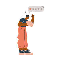 Vector illustration of a young guy who expresses dissatisfaction on the phone, leaving a negative review