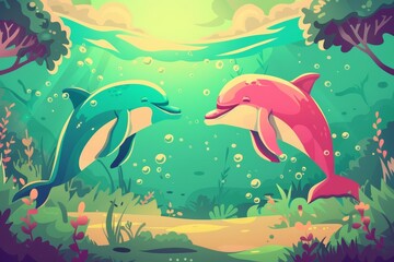 Naklejka na ściany i meble In a secret language understood only by their kind, a pair of dolphins clicked and whistled to each other, their playful banter creating a melody of bubbles and splashes