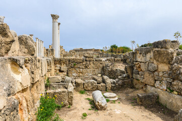 old columns of salamis ruins, ancient city north cyprus and blue sky 5