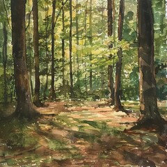 Light washes of green and brown depict a peaceful woodland scene, where dappled sunlight filters through the leaves, casting subtle shadows on the forest floor