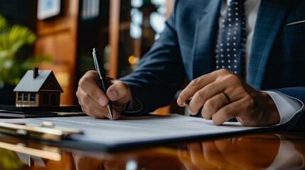 Businessman in a suit signing a real estate contract in the style of the real estate agent.