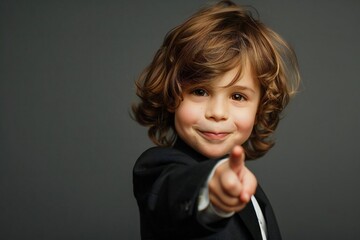 Adorable youngster in business suit pointing confidently forward