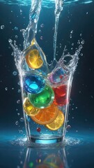Water splash and color splash background with glass and blue background.