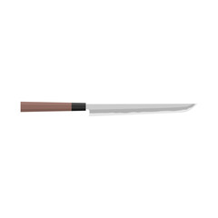 Yanagiba or Shobu, Yanagi, traditional Japanese kitchen knife flat design vector illustration isolated on white background. A traditional Japanese kitchen knife with a steel blade and wooden handle.