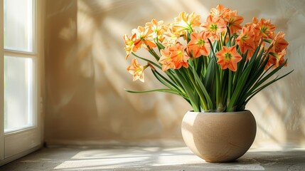 Orange amaryllis flowers in a ceramic pot near the window