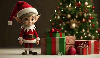 Christmas elf standing beside a large present