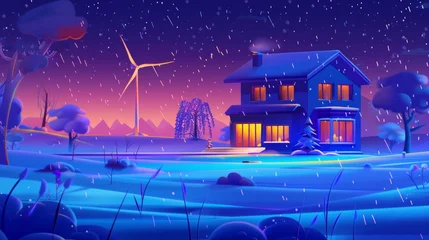 Raamstickers Animated illustration of a smart home with a wind turbine at night on a nature landscape. Renewable energy, organic architecture, cartoon illustration. © Mark